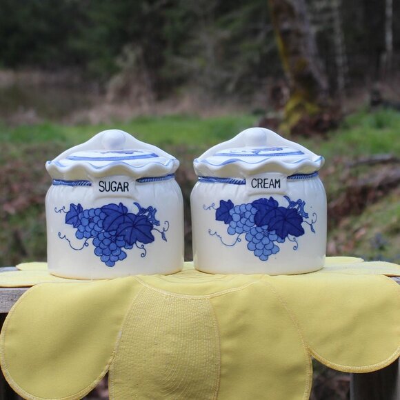 Vintage Ceramic Wall Pockets – Blue Grape Design – Farmhouse Canisters - Picture 8 of 15